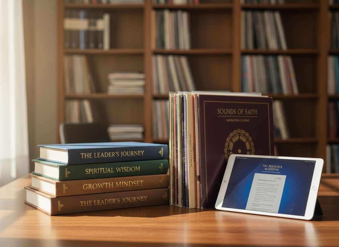 A neatly stacked arrangement of hardcover books and classic vinyl record albums on a smooth walnut tabletop, each spine featuring subtle gold-embossed titles about faith, leadership, and personal growth. A slim, modern tablet lies beside them, its screen softly glowing with an open e‑book. In the background, blurred shelves filled with more books and records suggest a curated media library. Warm afternoon light filters in from an unseen window, casting gentle highlights along the book edges and creating a calm, contemplative mood. Photographic realism, eye-level composition, and a shallow depth of field keep the focus on the media, conveying a professional, inspiring atmosphere for faith-based learning.