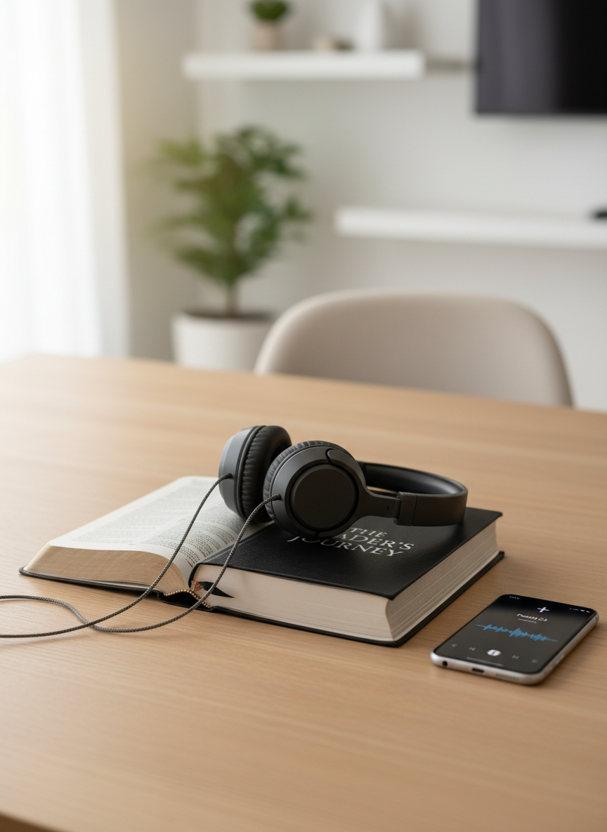 A close-up, photographic image of an open Bible and a hardcover leadership book lying side by side on a light oak desk, with a pair of high-quality over-ear headphones resting gently across the pages. Nearby, a sleek smartphone displays a paused audio track with a waveform and a small cross icon in the corner. Soft, diffused morning light from a nearby window creates subtle reflections on the phone’s glass and a gentle glow on the paper textures. The background fades into a soft blur of a tidy home office with minimalist decor. Shot from a slightly elevated angle, the scene feels peaceful, focused, and modern, emphasizing digital faith-based learning through books and audio.