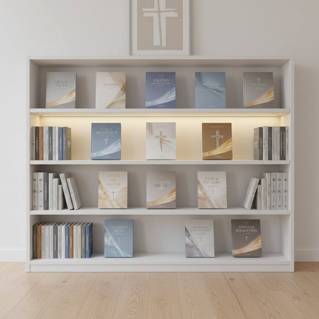 A minimalist white bookshelf filled with carefully arranged faith-based books and music albums, each cover designed in a modern, professional style with understated crosses, abstract light motifs, and uplifting titles. Small, subtle icons of play buttons and book symbols are printed on the album spines. A single glowing LED strip runs along the underside of one shelf, casting a soft, warm wash of light that gently illuminates the covers and creates clean shadows on the wall behind. The floor beneath is light maple wood, and the surrounding space is uncluttered, with a slightly blurred framed print of an abstract cross in the distance. Photographic realism, straight-on eye-level framing, and balanced composition create a calm, organized, and inspiring environment for curated Christian media.