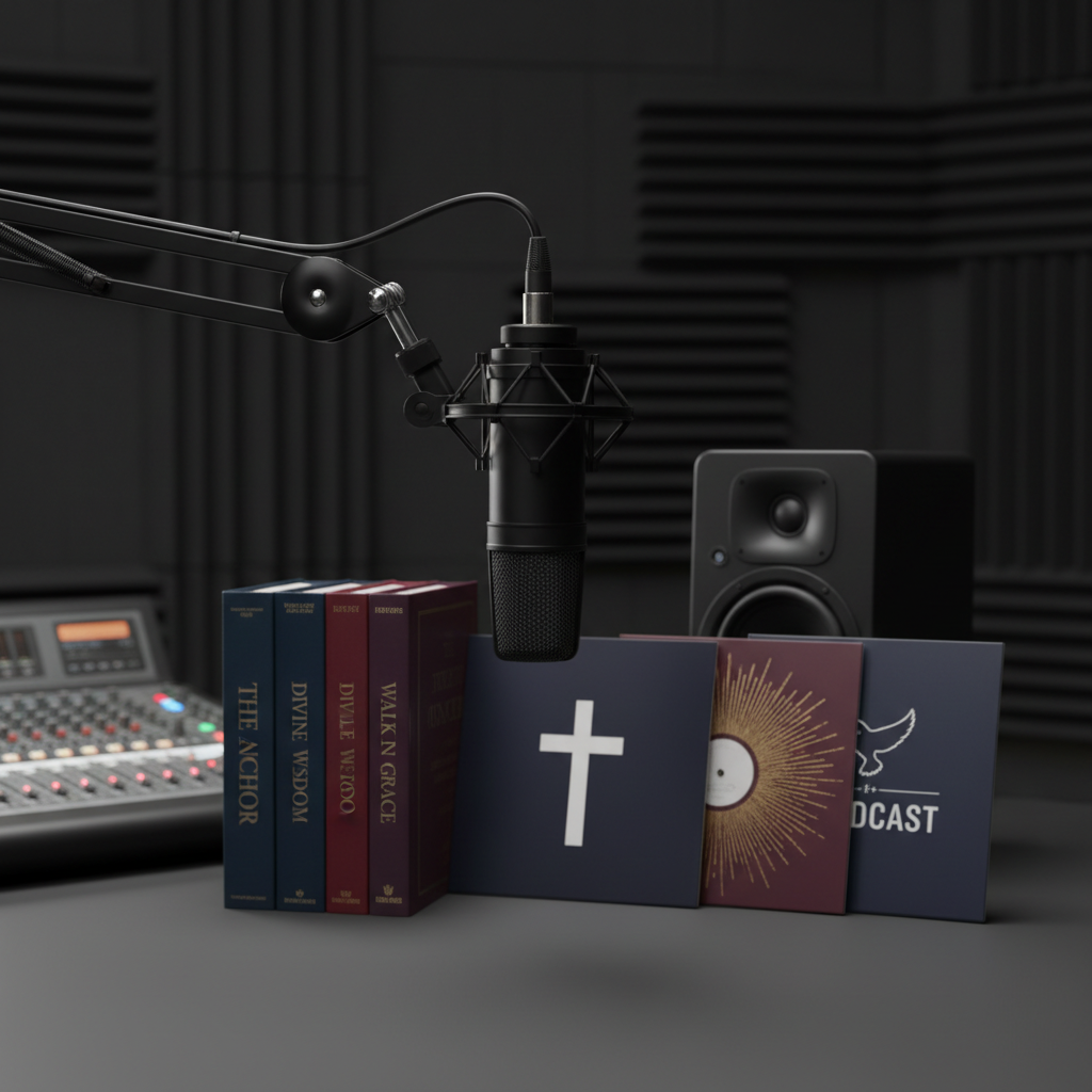 A polished black studio microphone mounted on a sturdy boom arm stands prominently in the foreground, positioned in front of a small stack of faith-based books with deep navy and burgundy covers, accented with tasteful metallic titles. To the side, several vinyl records with simple, elegant album art lean against a matte black speaker. The setting is a sound-treated media studio with dark acoustic panels and a faintly illuminated mixing console in the blurred background. Dramatic yet soft side lighting highlights the microphone’s metallic mesh and the subtle textures of the book covers, casting controlled shadows. Captured in photographic realism with a shallow depth of field and centered composition, the mood is professional, focused, and purpose-driven, ideal for promoting Christian podcasts and recorded teachings.